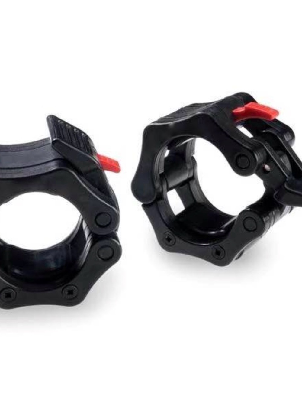 Pair of Black Barbell Collar Clamps with Red Release Tabs 2-Inch